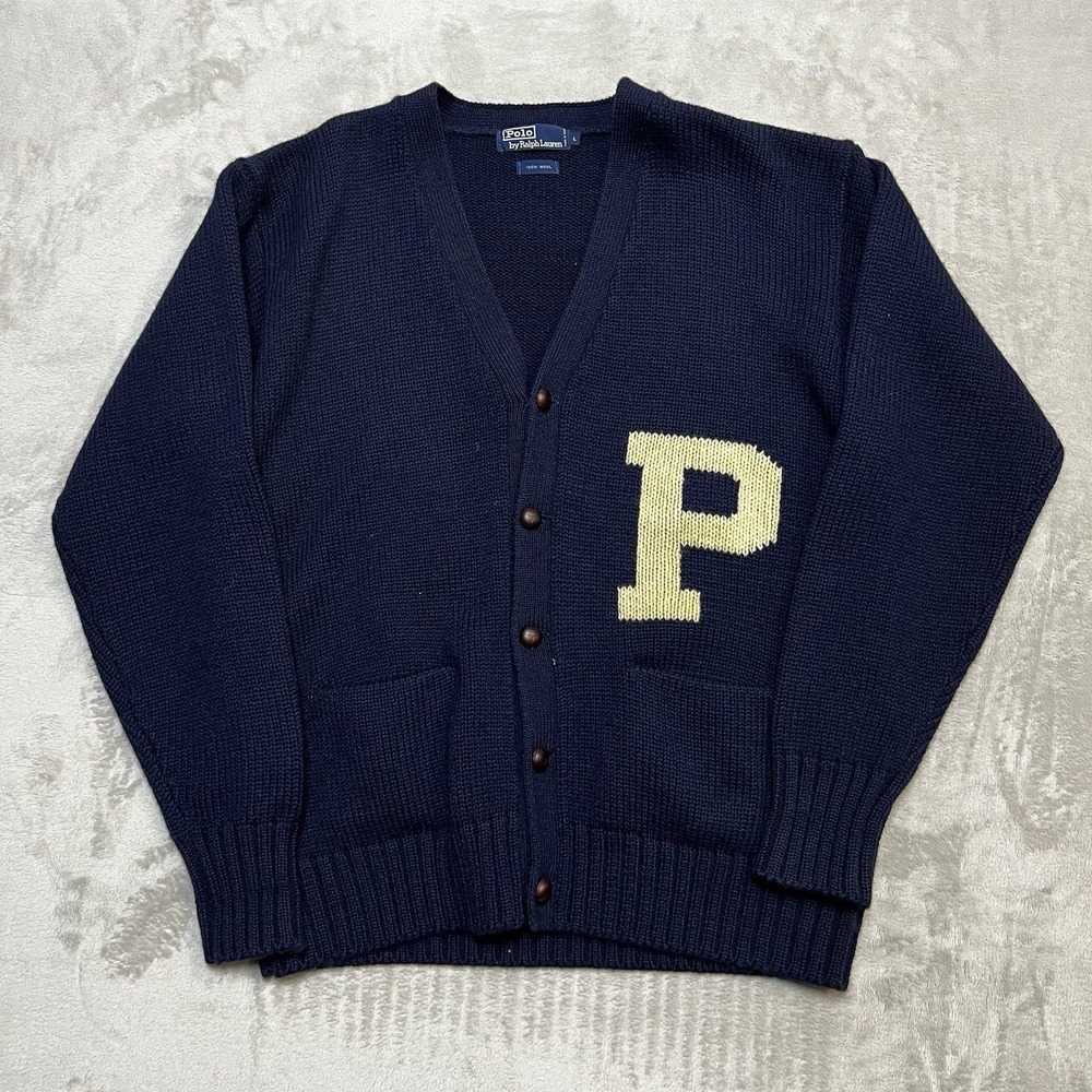Polo Ralph Lauren Mens Large Navy Blue Wool Varsity Letterman P Cardigan Sweater